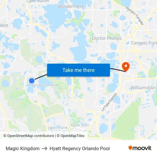 Magic Kingdom to Hyatt Regency Orlando Pool map