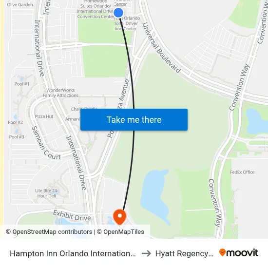 Hampton Inn to Hyatt Regency Orlando Pool map