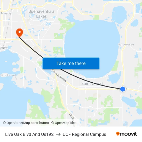 Live Oak Blvd And Us192 to UCF Regional Campus map