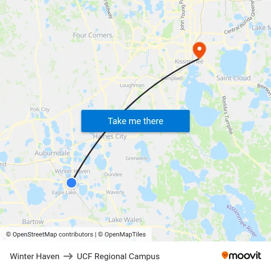 Winter Haven to UCF Regional Campus map