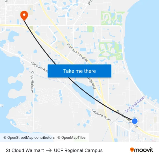 St Cloud Walmart to UCF Regional Campus map
