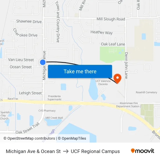 Michigan Ave & Ocean St to UCF Regional Campus map