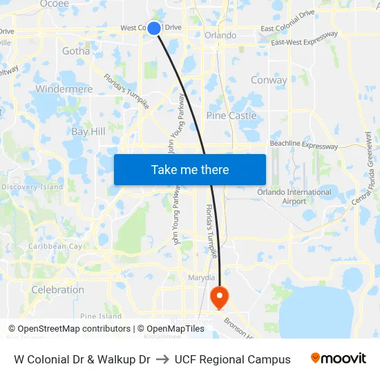 W Colonial Dr & Walkup Dr to UCF Regional Campus map