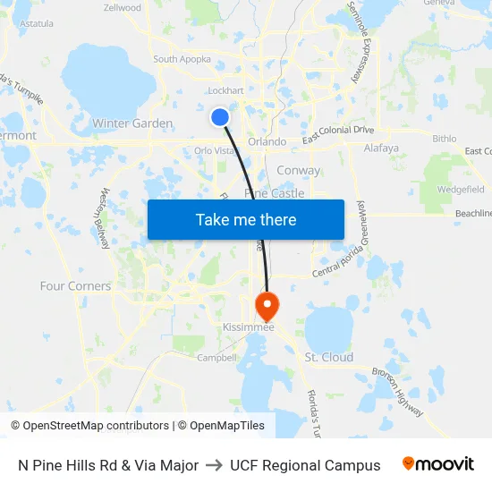 N Pine Hills Rd & Via Major to UCF Regional Campus map