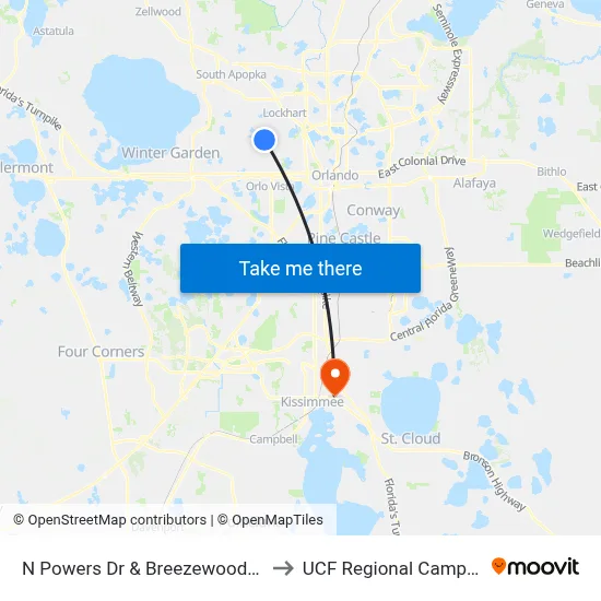N Powers Dr & Breezewood St to UCF Regional Campus map