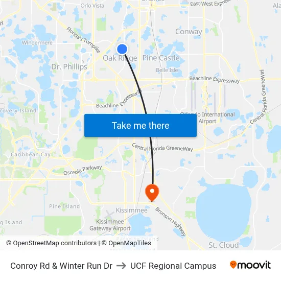 Conroy Rd & Winter Run Dr to UCF Regional Campus map