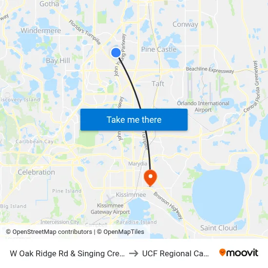 W Oak Ridge Rd & Singing Creek Ln to UCF Regional Campus map