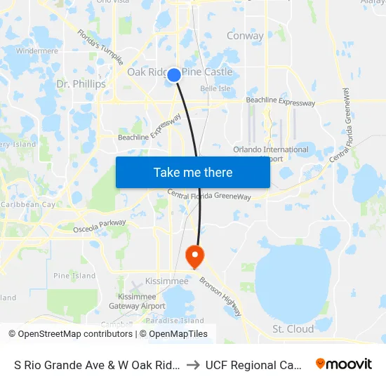 S Rio Grande Ave & W Oak Ridge Rd to UCF Regional Campus map