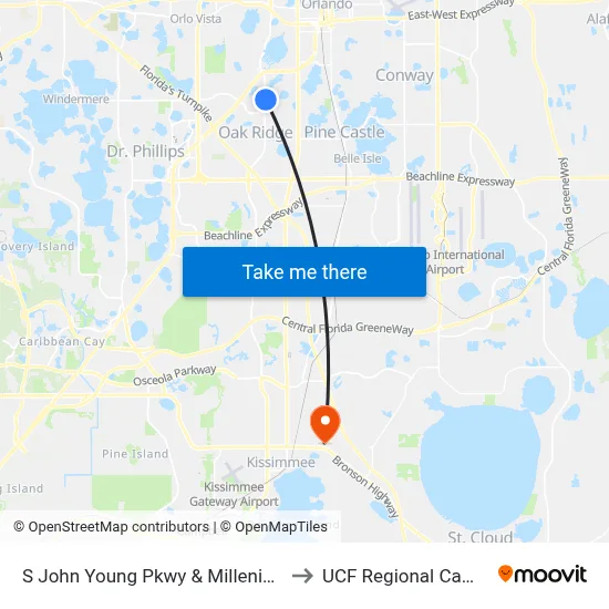 S John Young Pkwy & Millenia Blvd to UCF Regional Campus map