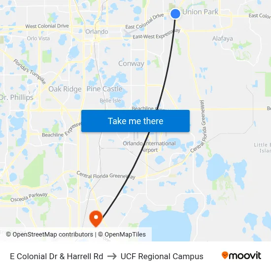 E Colonial Dr & Harrell Rd to UCF Regional Campus map