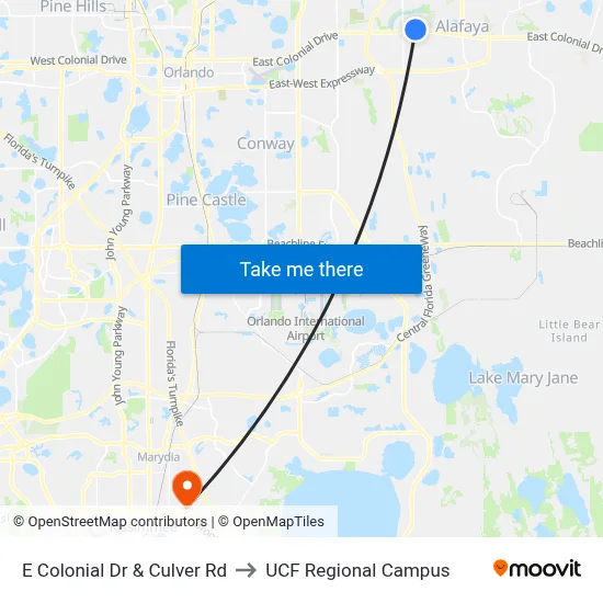 E Colonial Dr & Culver Rd to UCF Regional Campus map