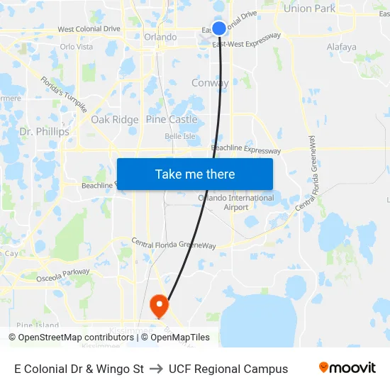 E Colonial Dr & Wingo St to UCF Regional Campus map