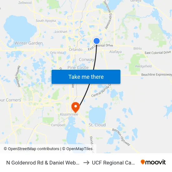 N Goldenrod Rd & Daniel Webster Dr to UCF Regional Campus map