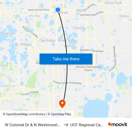 W Colonial Dr & N Westmoreland Dr to UCF Regional Campus map