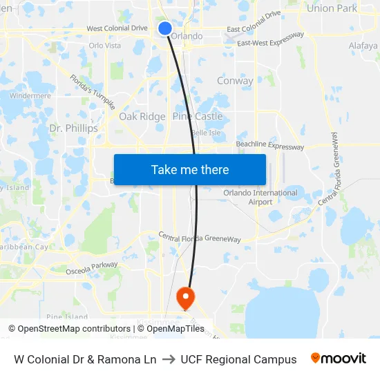 W Colonial Dr & Ramona Ln to UCF Regional Campus map