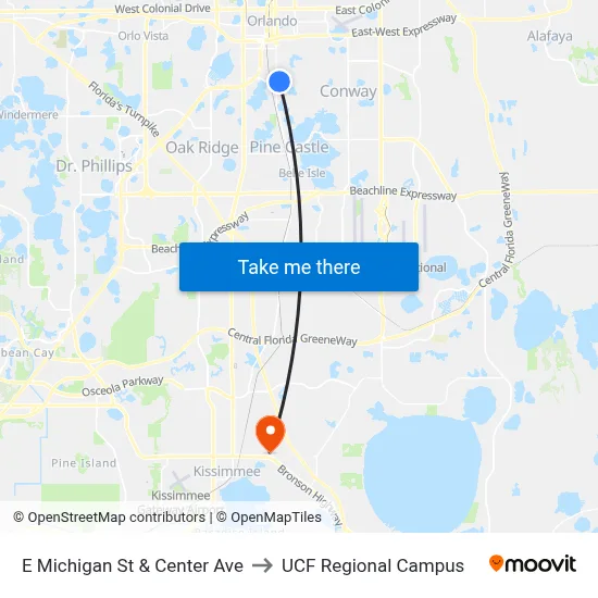E Michigan St & Center Ave to UCF Regional Campus map