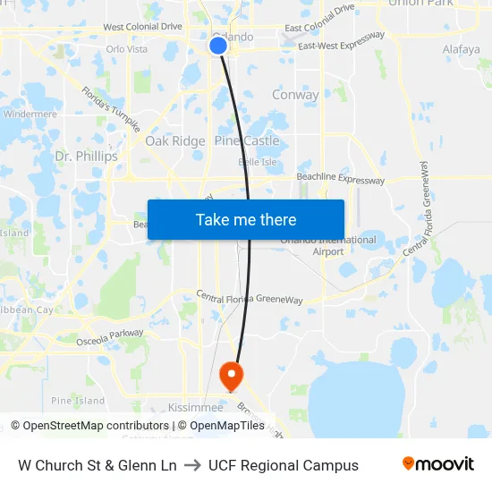 W Church St & Glenn Ln to UCF Regional Campus map