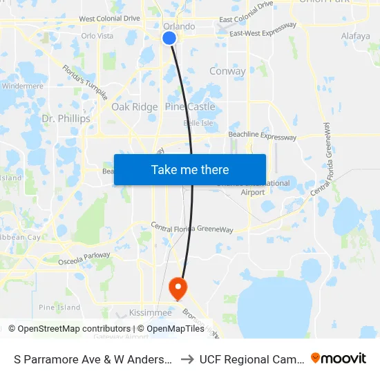 S Parramore Ave & W Anderson St to UCF Regional Campus map