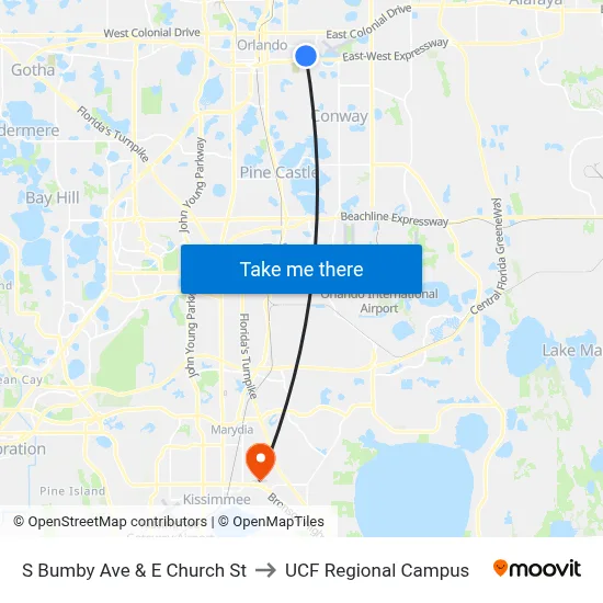S Bumby Ave & E Church St to UCF Regional Campus map