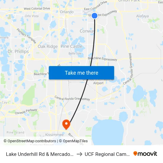 Lake Underhill Rd & Mercado Ave to UCF Regional Campus map
