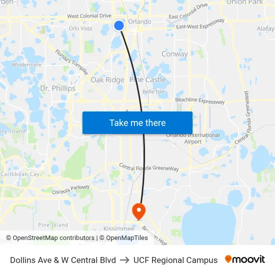 Dollins Ave & W Central Blvd to UCF Regional Campus map