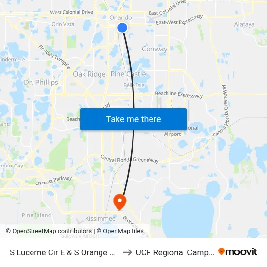 S Lucerne Cir E & S Orange Ave to UCF Regional Campus map