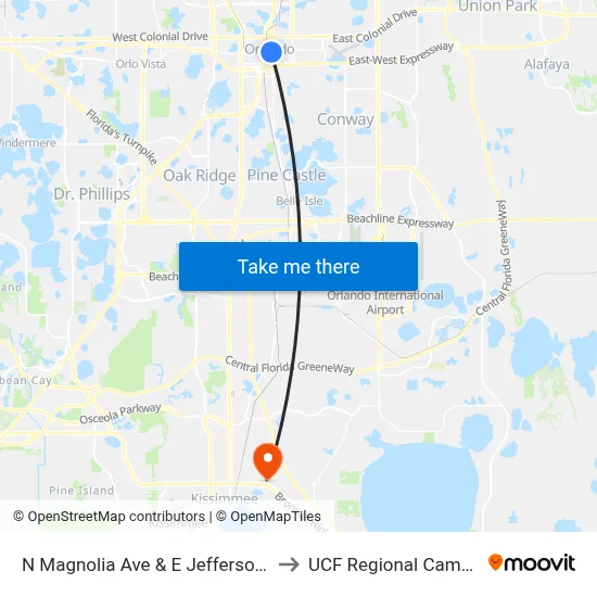 N Magnolia Ave & E Jefferson St to UCF Regional Campus map