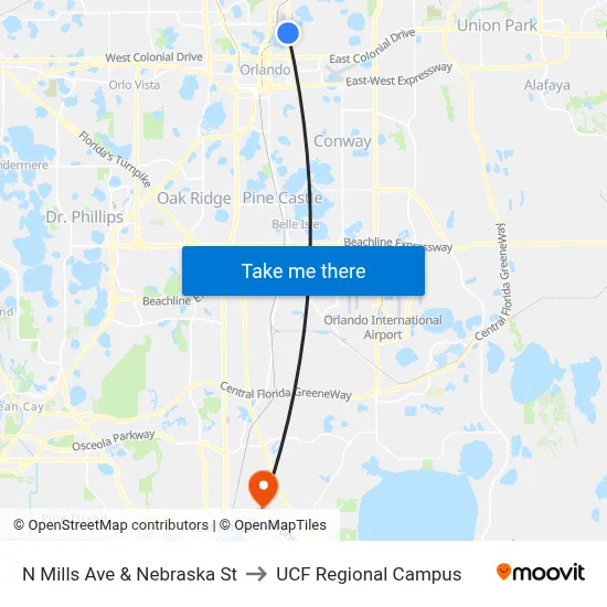 N Mills Ave & Nebraska St to UCF Regional Campus map