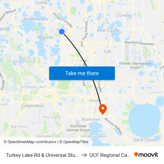 Turkey Lake Rd & Universal Studios Plz to UCF Regional Campus map