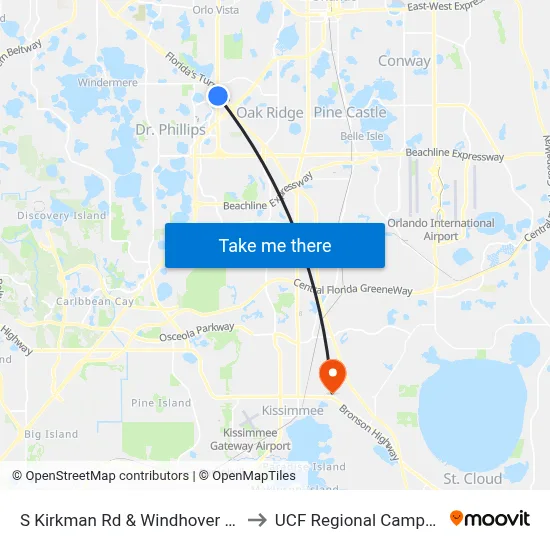 S Kirkman Rd & Windhover Dr to UCF Regional Campus map