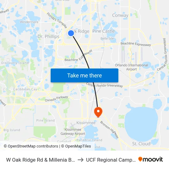 W Oak Ridge Rd & Millenia Blvd to UCF Regional Campus map