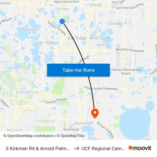 S Kirkman Rd & Arnold Palmer Dr to UCF Regional Campus map