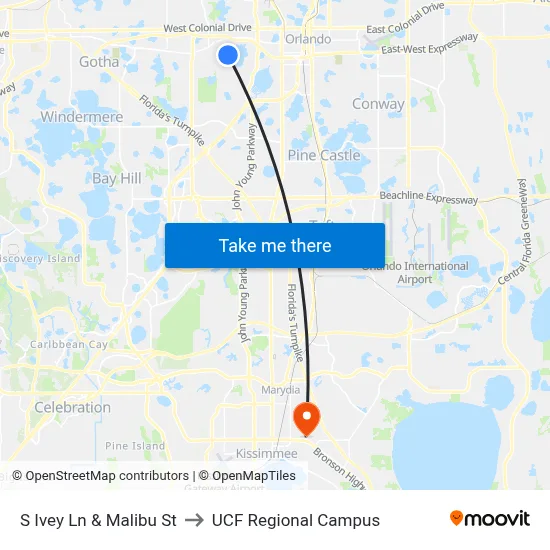 S Ivey Ln & Malibu St to UCF Regional Campus map