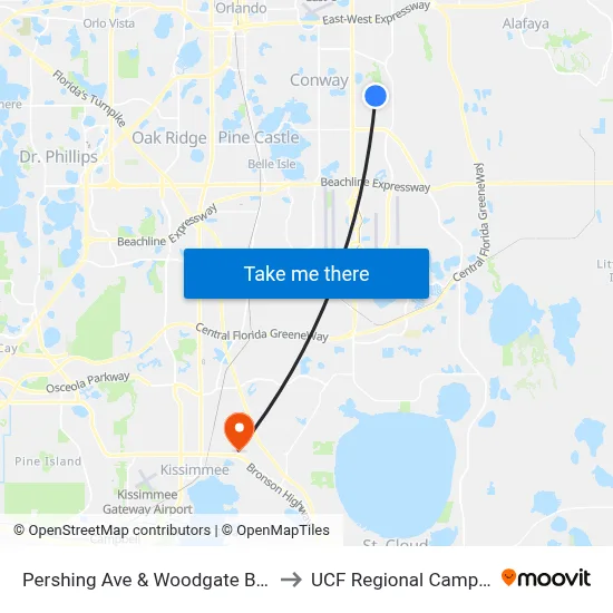 Pershing Ave & Woodgate Blvd to UCF Regional Campus map