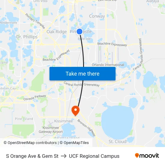 S Orange Ave & Gem St to UCF Regional Campus map
