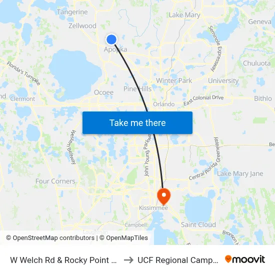 W Welch Rd & Rocky Point Rd to UCF Regional Campus map