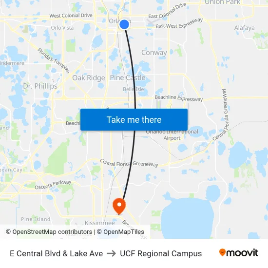 E Central Blvd & Lake Ave to UCF Regional Campus map