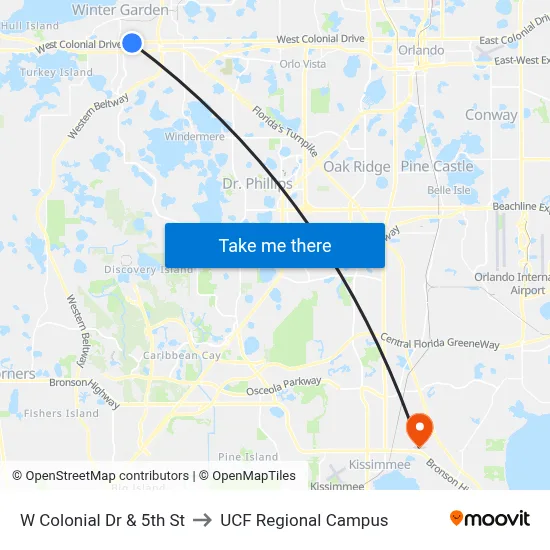 W Colonial Dr & 5th St to UCF Regional Campus map