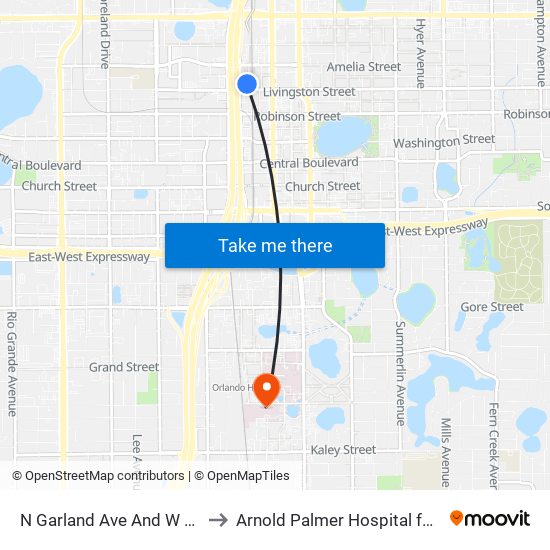 N Garland  Ave And W Amelia  St to Arnold Palmer Hospital for Children map