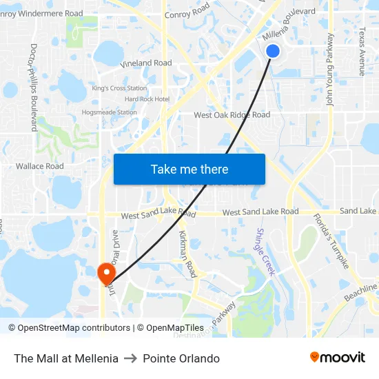 The Mall at Mellenia to Pointe Orlando map