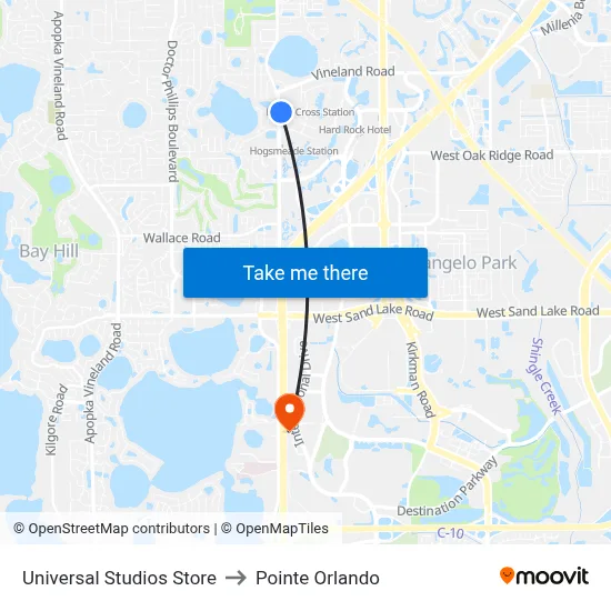 Universal Studios Store to Pointe Orlando map