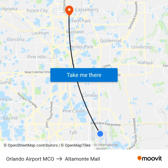 Orlando Airport MCO to Altamonte Mall map