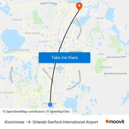 Kissimmee to Orlando Sanford International Airport map