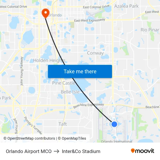 Orlando Airport MCO to Inter&Co Stadium map