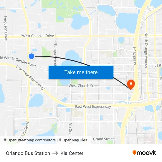 Orlando Bus Station to Kia Center map