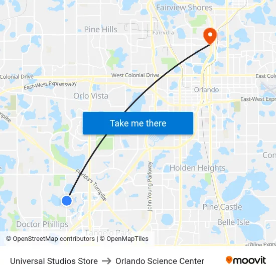 Universal Studios Store to Orlando Science Center map