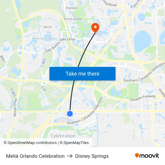 Meliá Orlando Celebration to Disney Springs map