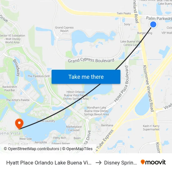 Hyatt Place Orlando Lake Buena Vista to Disney Springs map