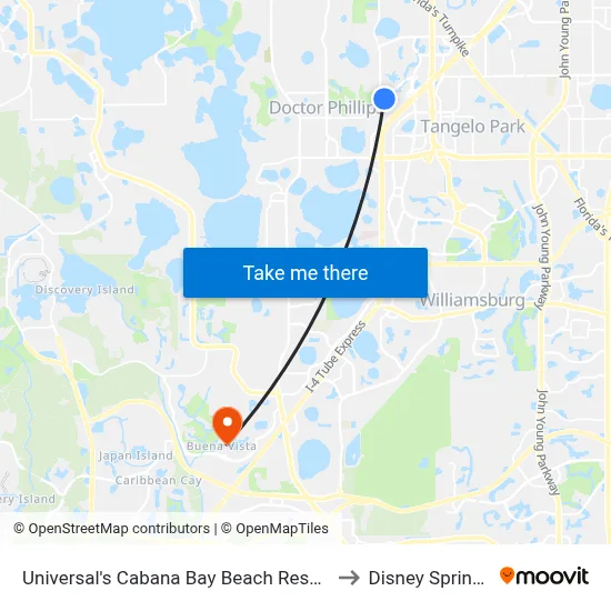 Universal's Cabana Bay Beach Resort to Disney Springs map