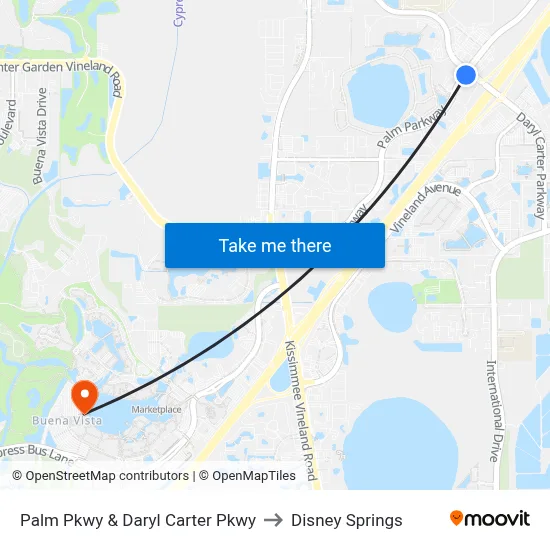Palm Pkwy & Daryl Carter Pkwy to Disney Springs map
